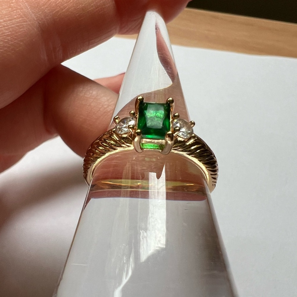 Emerald Cut Green 3-Stone Ring - Size 7, Gold Tone - Picture 13 of 15